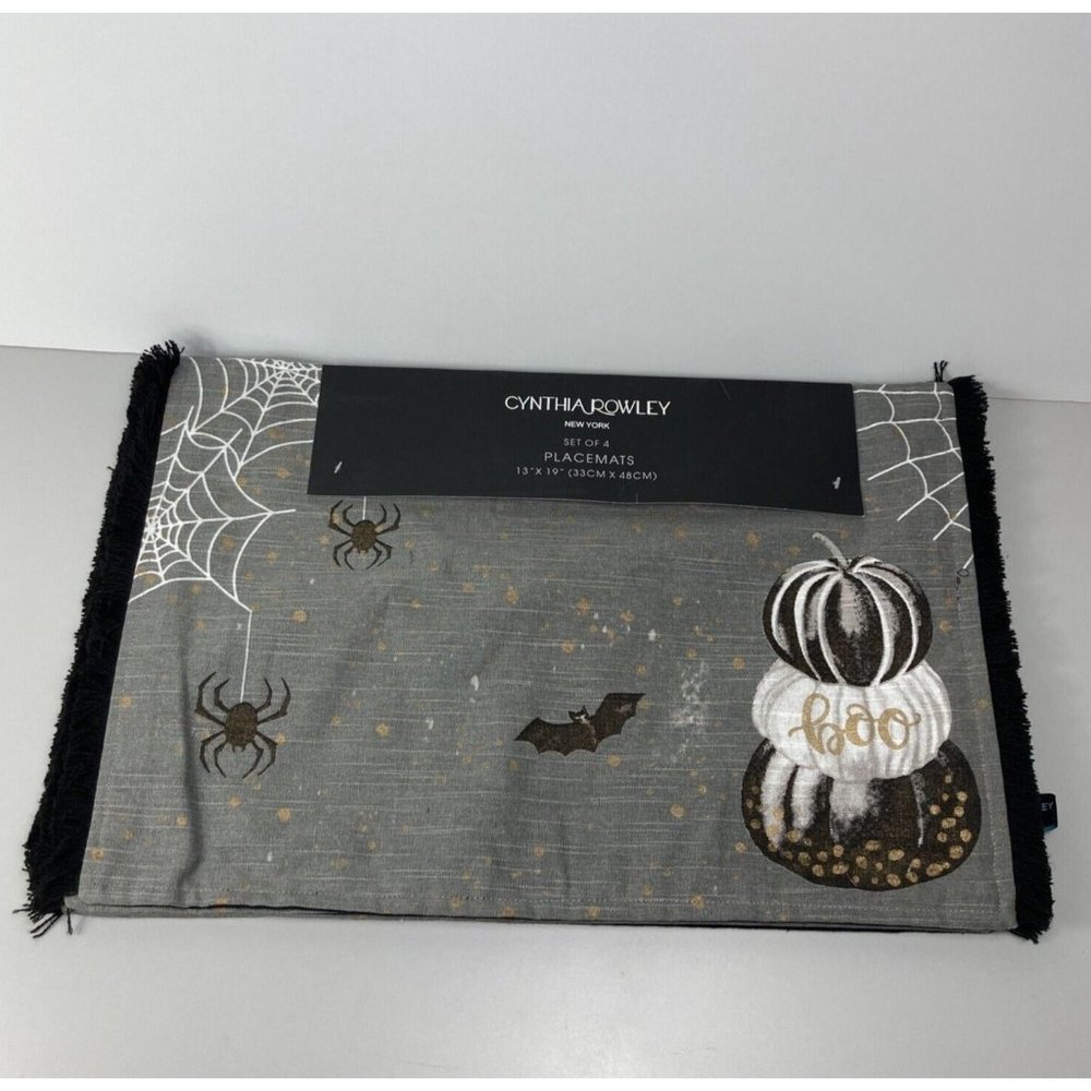 Cynthia Rowley Set of 4 Halloween Placemats Spiders Spiderwebs Bats Pumpkins
